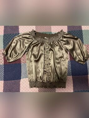 Ally B Bronze Satin Smocked Off-the-Shoulder Blouse - Size Medium